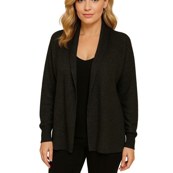 Eileen Fisher Cardigan Women’s M Black Metallic Wool Blend Open Front - Picture 1 of 11